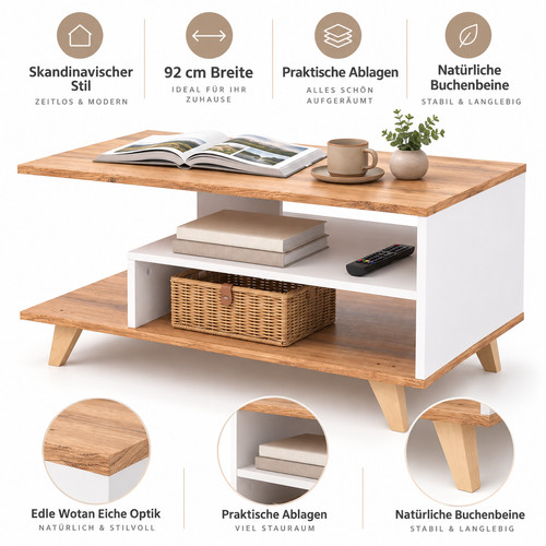 Couchtisch 92cm weiß eiche - 92cm,